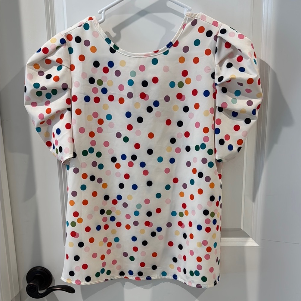 Colorful Polka Dot Blouse with Bow Back Size Small